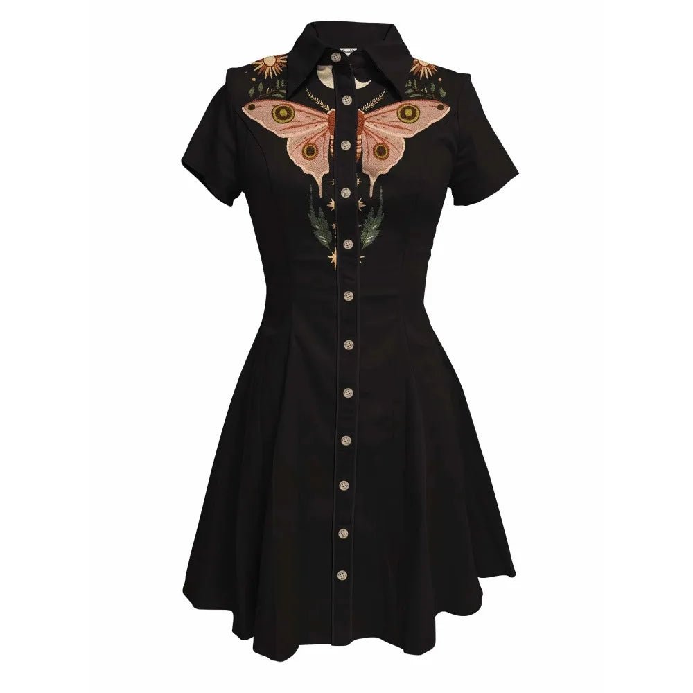 Flower and Moth Printed Cowgirl Dress for Women Button - down Dress Short Sleeves - American Thistle Flower and Moth Printed Cowgirl Dress for Women Button - down Dress Short Sleeves