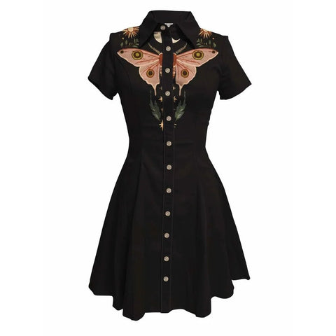 Flower and Moth Printed Cowgirl Dress for Women Button - down Dress Short Sleeves - American Thistle Flower and Moth Printed Cowgirl Dress for Women Button - down Dress Short Sleeves