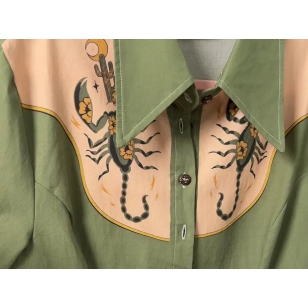 Flower and Moth Printed Cowgirl Dress for Women Button - down Dress Short Sleeves - American Thistle Flower and Moth Printed Cowgirl Dress for Women Button - down Dress Short Sleeves