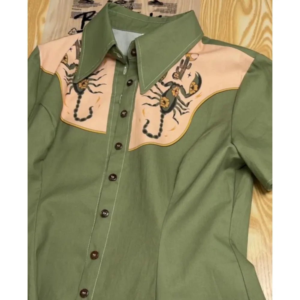 Flower and Moth Printed Cowgirl Dress for Women Button - down Dress Short Sleeves - American Thistle Flower and Moth Printed Cowgirl Dress for Women Button - down Dress Short Sleeves