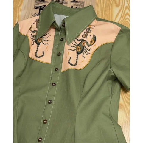 Flower and Moth Printed Cowgirl Dress for Women Button - down Dress Short Sleeves - American Thistle Flower and Moth Printed Cowgirl Dress for Women Button - down Dress Short Sleeves