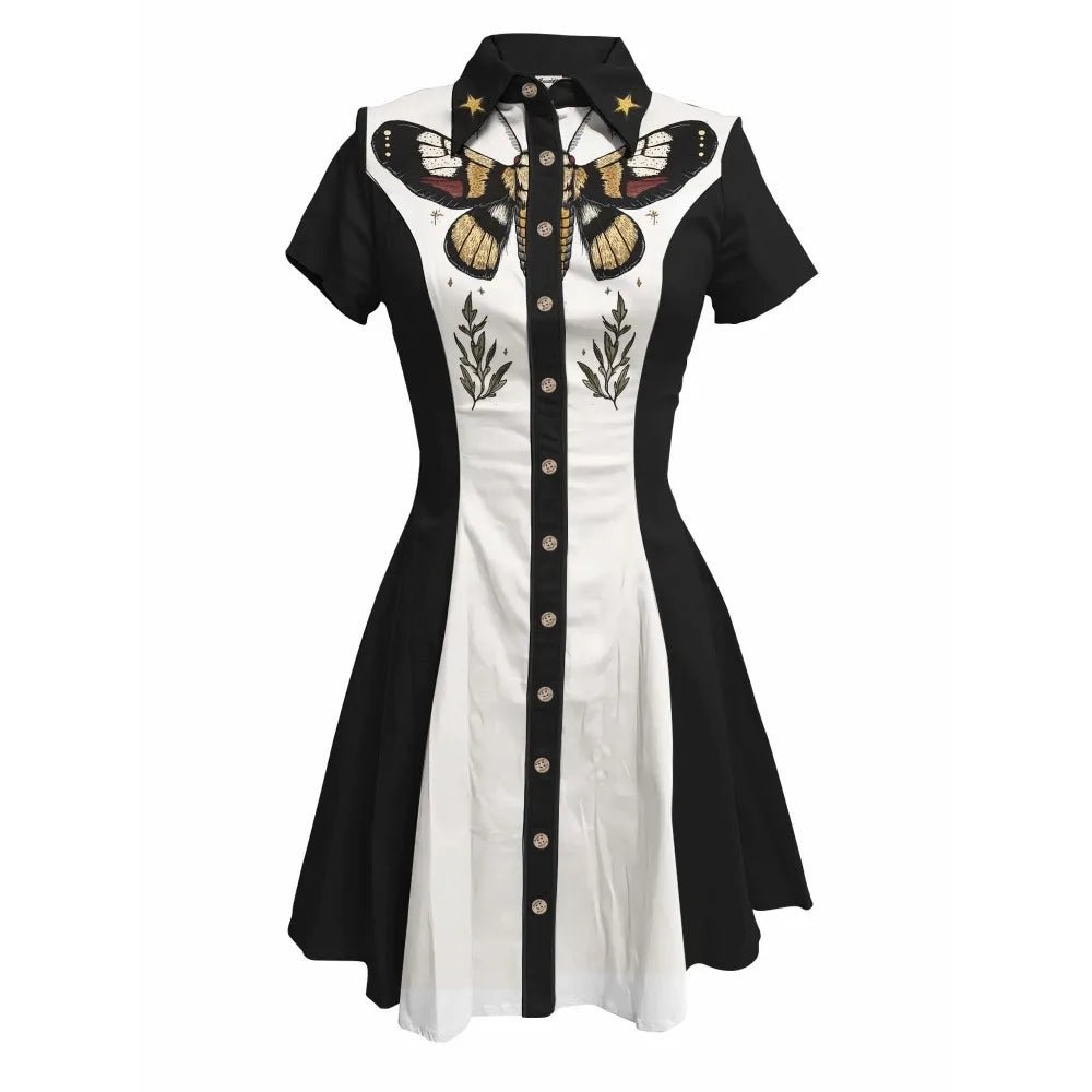 Flower and Moth Printed Cowgirl Dress for Women Button - down Dress Short Sleeves - American Thistle Flower and Moth Printed Cowgirl Dress for Women Button - down Dress Short Sleeves