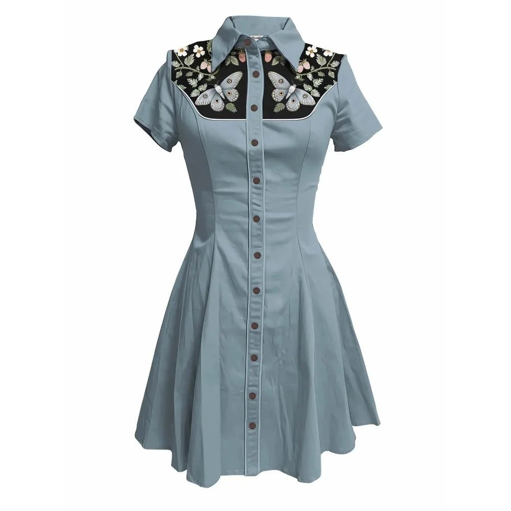 Flower and Moth Printed Cowgirl Dress for Women Button - down Dress Short Sleeves - American Thistle Flower and Moth Printed Cowgirl Dress for Women Button - down Dress Short Sleeves