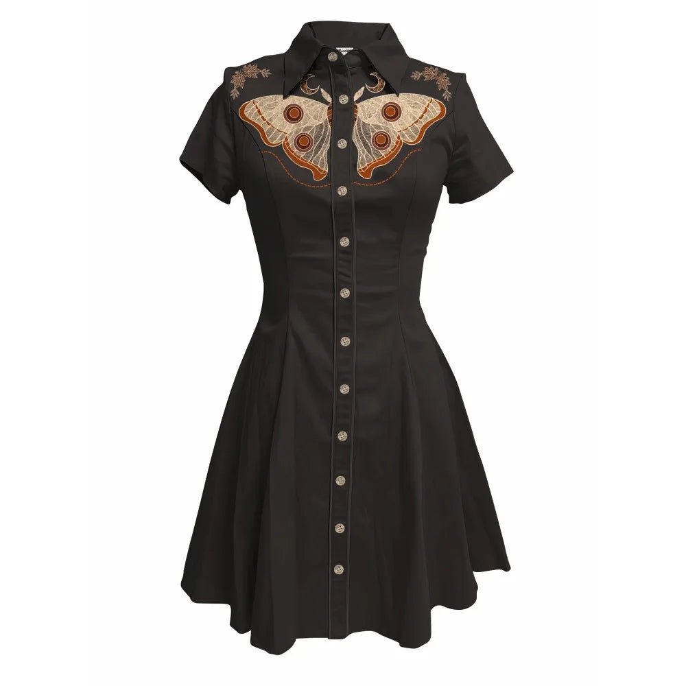Flower and Moth Printed Cowgirl Dress for Women Button - down Dress Short Sleeves - American Thistle Flower and Moth Printed Cowgirl Dress for Women Button - down Dress Short Sleeves