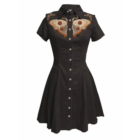 Flower and Moth Printed Cowgirl Dress for Women Button - down Dress Short Sleeves - American Thistle Flower and Moth Printed Cowgirl Dress for Women Button - down Dress Short Sleeves