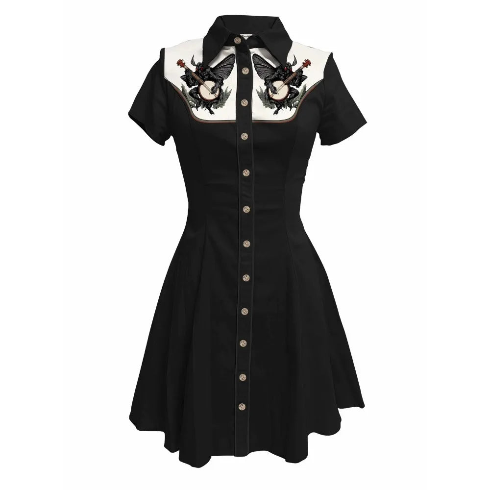 Flower and Moth Printed Cowgirl Dress for Women Button - down Dress Short Sleeves - American Thistle Flower and Moth Printed Cowgirl Dress for Women Button - down Dress Short Sleeves