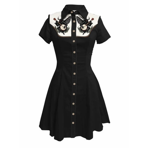 Flower and Moth Printed Cowgirl Dress for Women Button - down Dress Short Sleeves - American Thistle Flower and Moth Printed Cowgirl Dress for Women Button - down Dress Short Sleeves