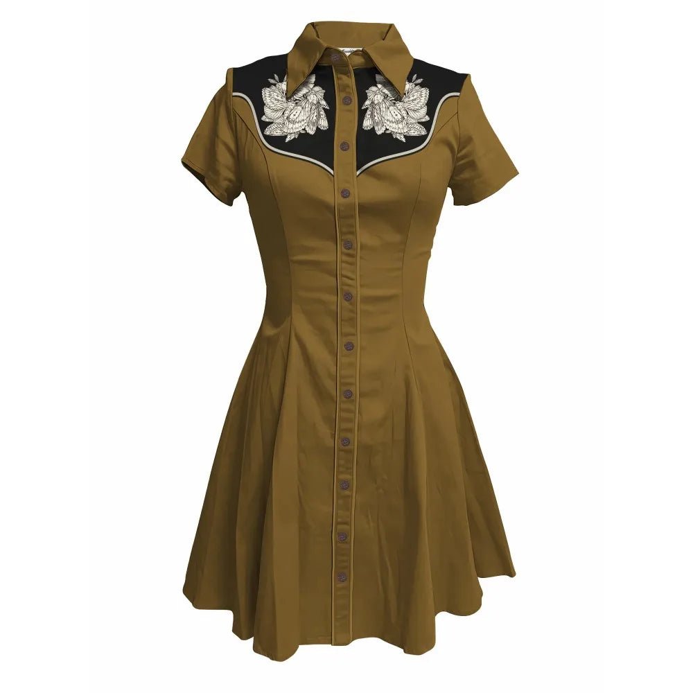Flower and Moth Printed Cowgirl Dress for Women Button - down Dress Short Sleeves - American Thistle Flower and Moth Printed Cowgirl Dress for Women Button - down Dress Short Sleeves