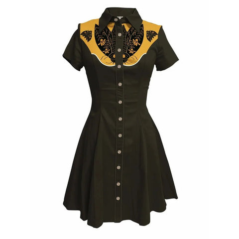 Flower and Moth Printed Cowgirl Dress for Women Button - down Dress Short Sleeves - American Thistle Flower and Moth Printed Cowgirl Dress for Women Button - down Dress Short Sleeves