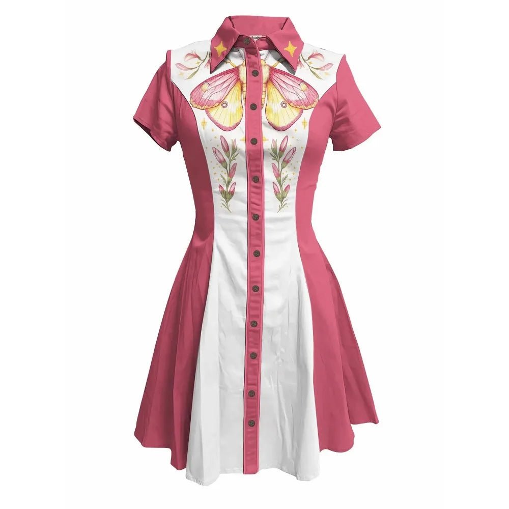 Flower and Moth Printed Cowgirl Dress for Women Button - down Dress Short Sleeves - American Thistle Flower and Moth Printed Cowgirl Dress for Women Button - down Dress Short Sleeves