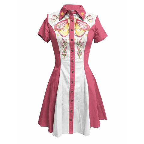 Flower and Moth Printed Cowgirl Dress for Women Button - down Dress Short Sleeves - American Thistle Flower and Moth Printed Cowgirl Dress for Women Button - down Dress Short Sleeves
