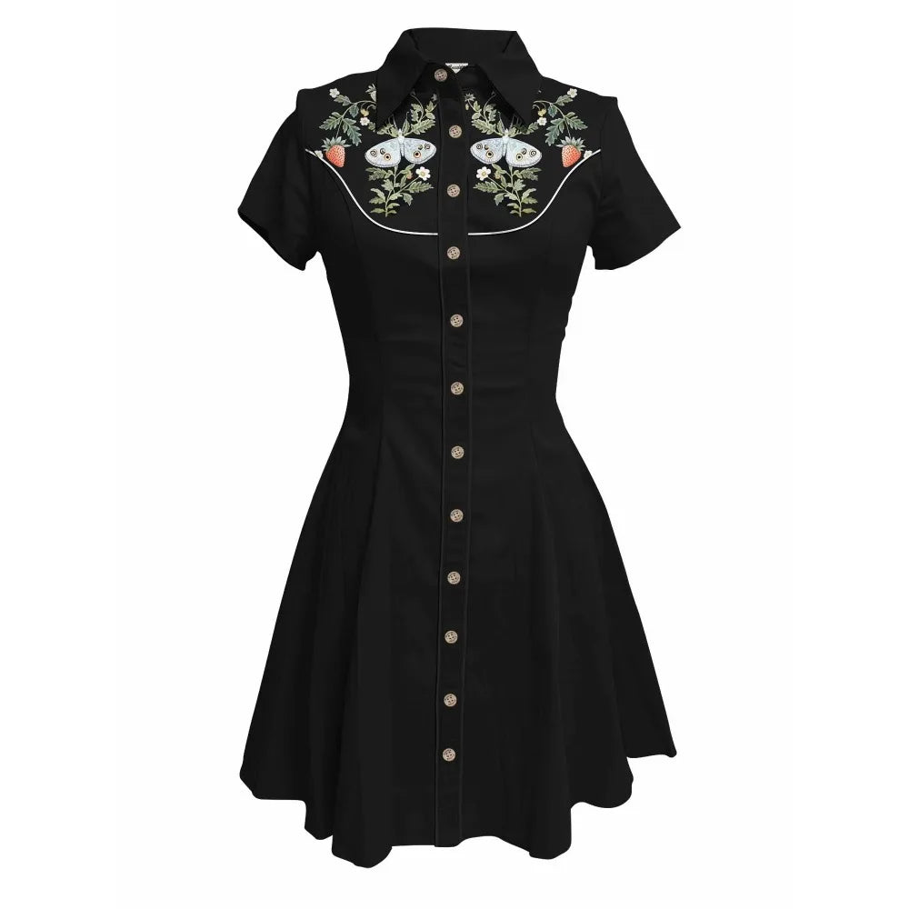 Flower and Moth Printed Cowgirl Dress for Women Button - down Dress Short Sleeves - American Thistle Flower and Moth Printed Cowgirl Dress for Women Button - down Dress Short Sleeves