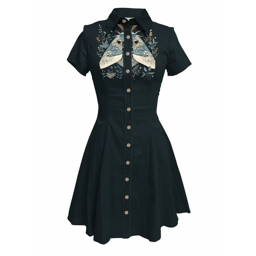 Flower and Moth Printed Cowgirl Dress for Women Button - down Dress Short Sleeves - American Thistle Flower and Moth Printed Cowgirl Dress for Women Button - down Dress Short Sleeves