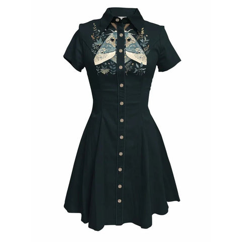 Flower and Moth Printed Cowgirl Dress for Women Button - down Dress Short Sleeves - American Thistle Flower and Moth Printed Cowgirl Dress for Women Button - down Dress Short Sleeves