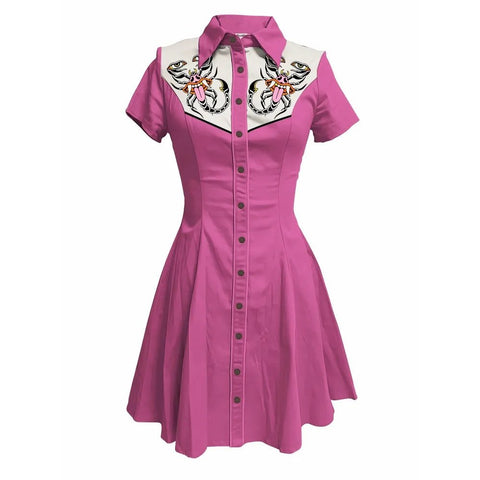 Flower and Moth Printed Cowgirl Dress for Women Button - down Dress Short Sleeves - American Thistle Flower and Moth Printed Cowgirl Dress for Women Button - down Dress Short Sleeves