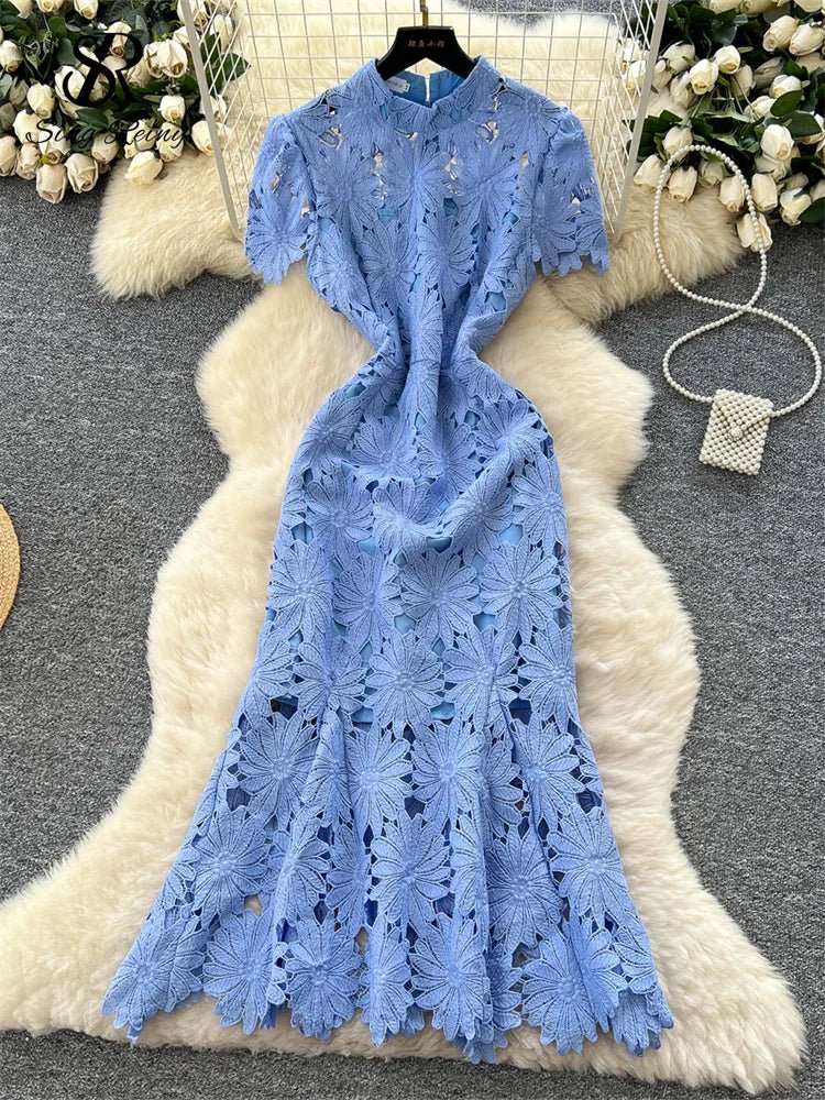 Flower Hollow Lace Dress Female Short Sleeves - American Thistle Flower Hollow Lace Dress Female Short Sleeves