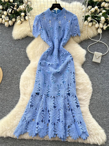 Flower Hollow Lace Dress Female Short Sleeves - American Thistle Flower Hollow Lace Dress Female Short Sleeves