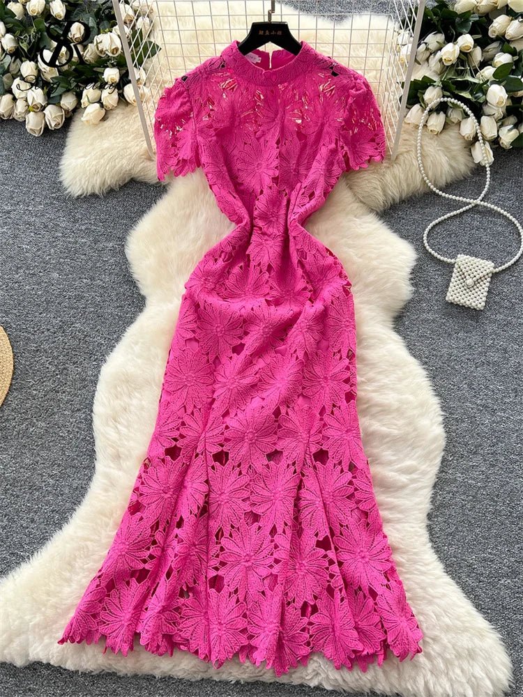 Flower Hollow Lace Dress Female Short Sleeves - American Thistle Flower Hollow Lace Dress Female Short Sleeves