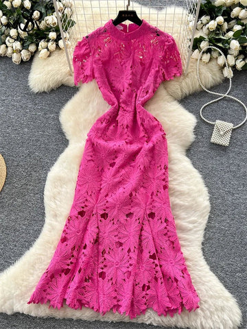 Flower Hollow Lace Dress Female Short Sleeves - American Thistle Flower Hollow Lace Dress Female Short Sleeves