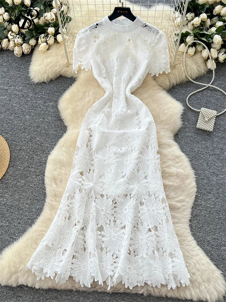 Flower Hollow Lace Dress Female Short Sleeves - American Thistle Flower Hollow Lace Dress Female Short Sleeves