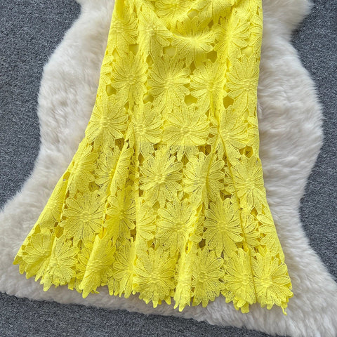 Flower Hollow Lace Dress Female Short Sleeves - American Thistle Flower Hollow Lace Dress Female Short Sleeves