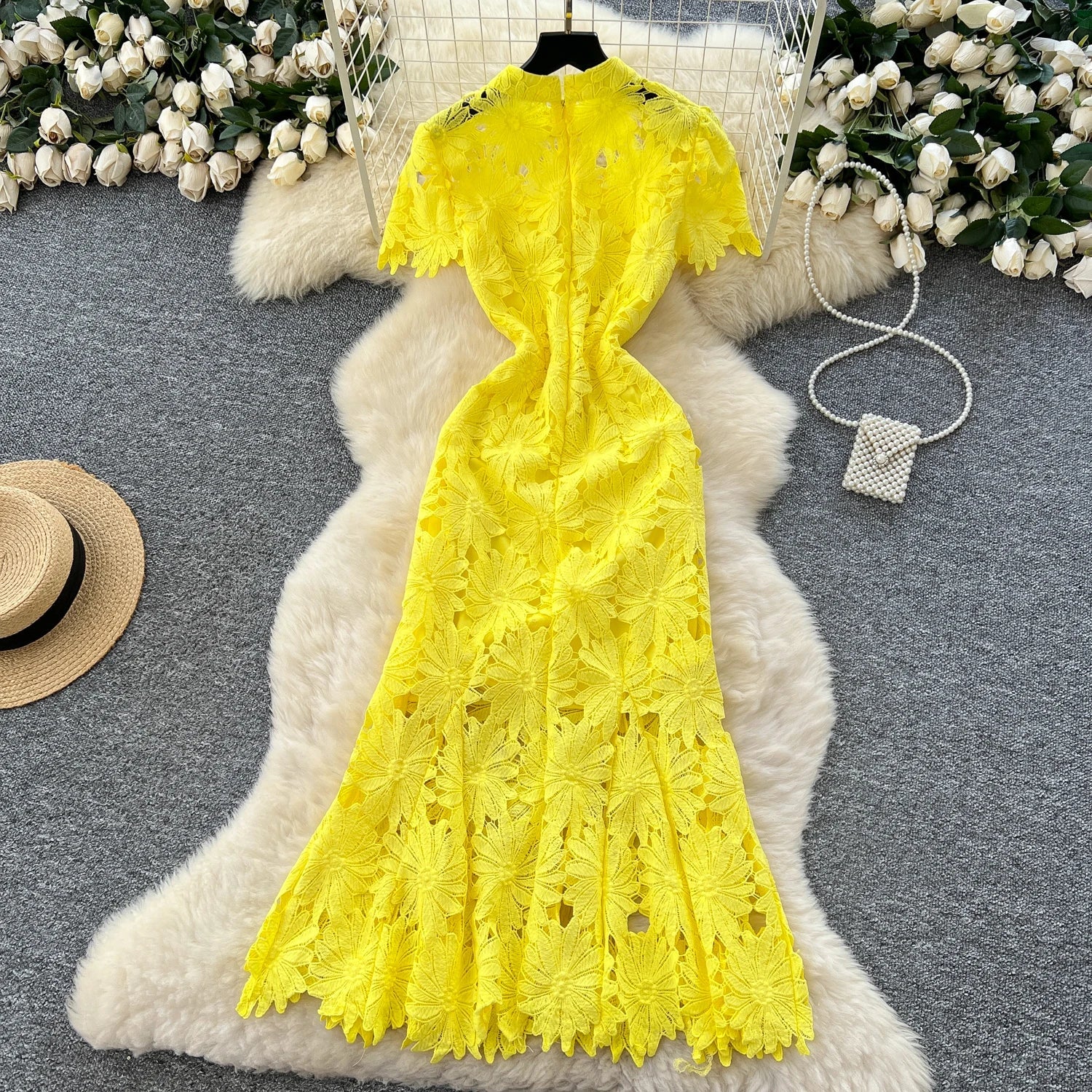 Flower Hollow Lace Dress Female Short Sleeves - American Thistle Flower Hollow Lace Dress Female Short Sleeves