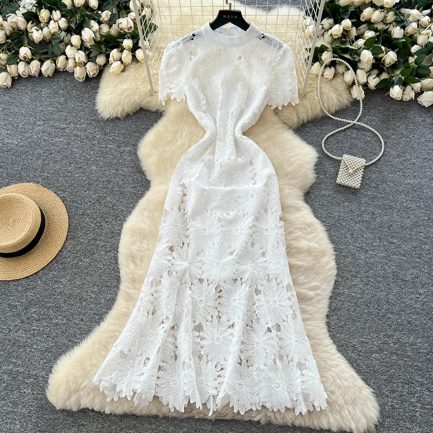 Flower Hollow Lace Dress Female Short Sleeves - American Thistle Flower Hollow Lace Dress Female Short Sleeves