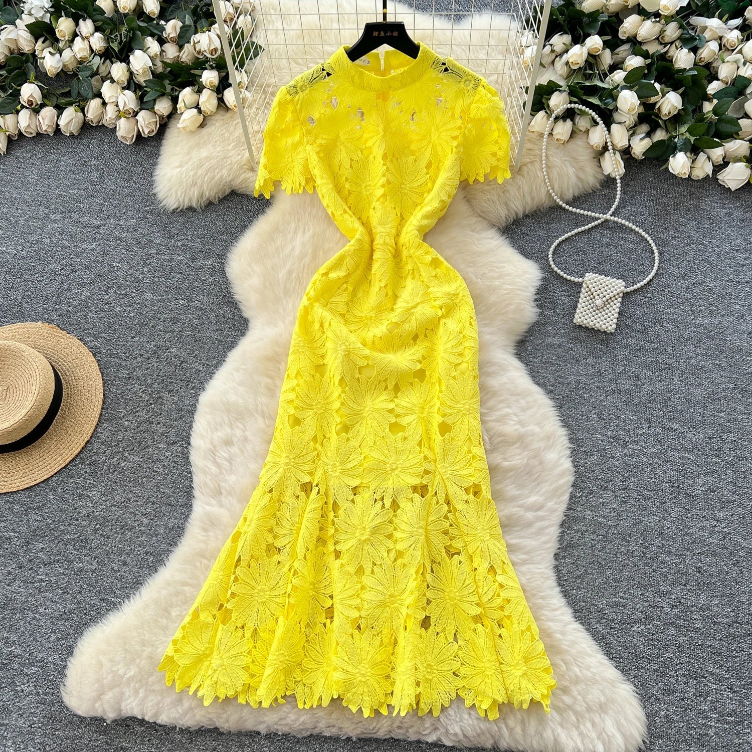 Flower Hollow Lace Dress Female Short Sleeves - American Thistle Flower Hollow Lace Dress Female Short Sleeves