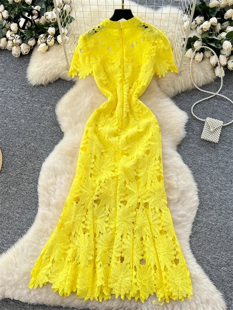 Flower Hollow Lace Dress Female Short Sleeves - American Thistle Flower Hollow Lace Dress Female Short Sleeves