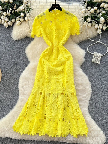 Flower Hollow Lace Dress Female Short Sleeves - American Thistle Flower Hollow Lace Dress Female Short Sleeves