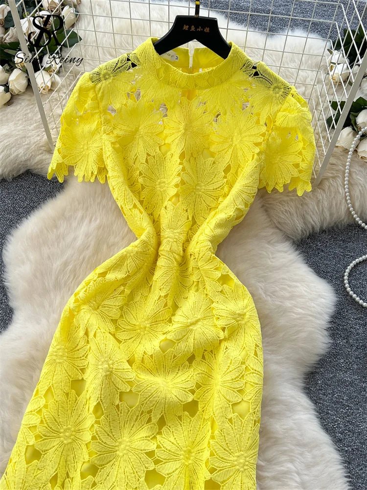 Flower Hollow Lace Dress Female Short Sleeves - American Thistle Flower Hollow Lace Dress Female Short Sleeves