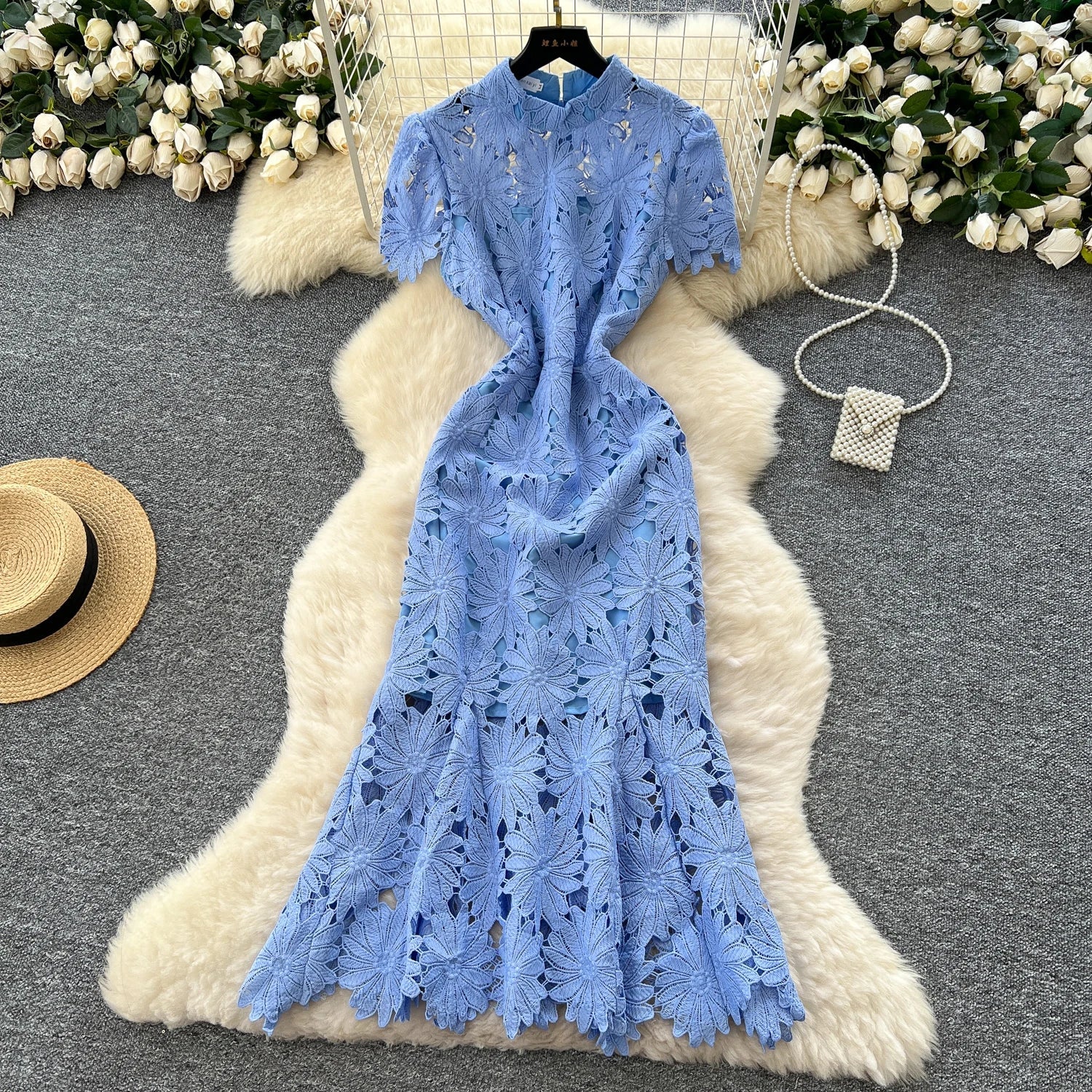 Flower Hollow Lace Dress Female Short Sleeves - American Thistle Flower Hollow Lace Dress Female Short Sleeves