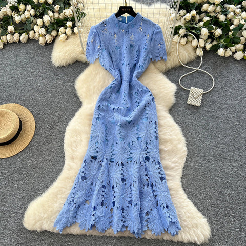 Flower Hollow Lace Dress Female Short Sleeves - American Thistle Flower Hollow Lace Dress Female Short Sleeves