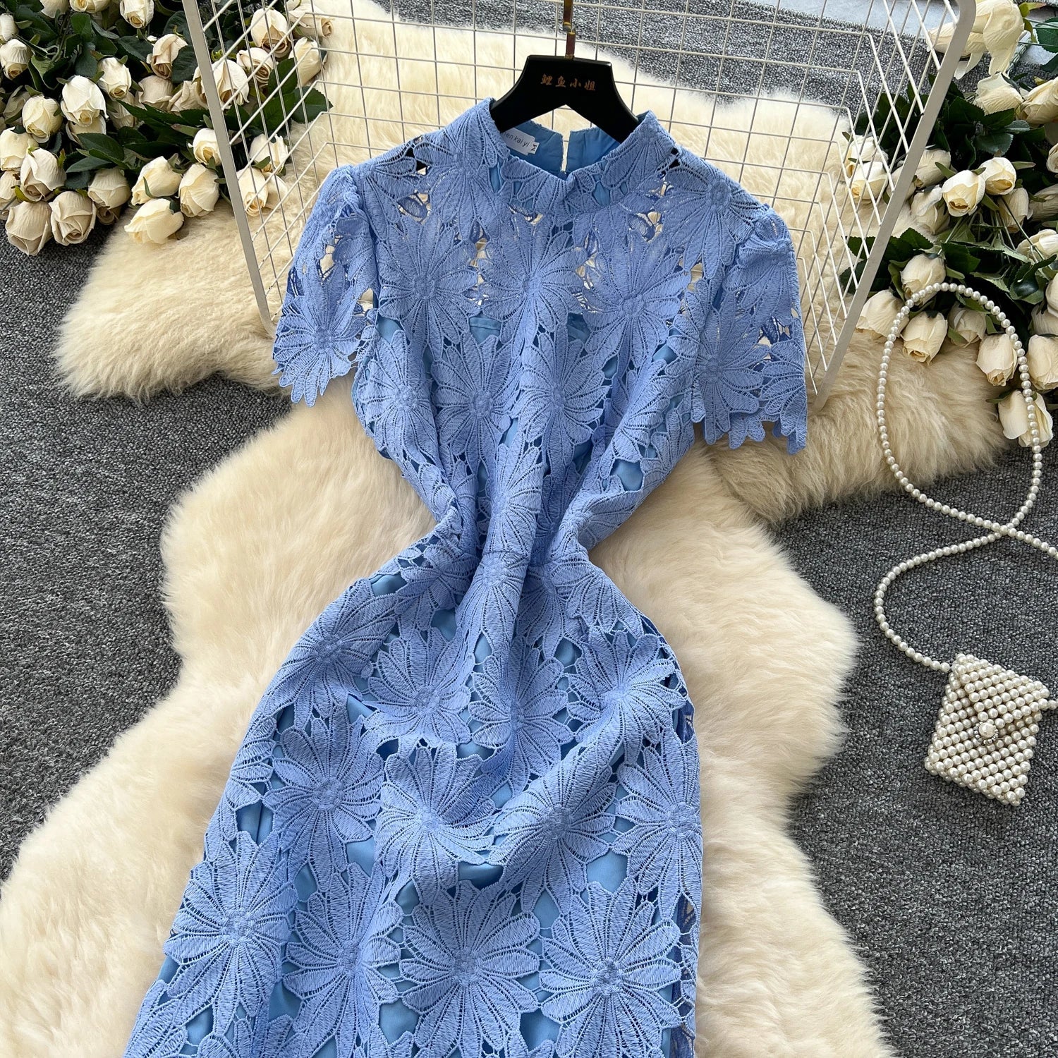 Flower Hollow Lace Dress Female Short Sleeves - American Thistle Flower Hollow Lace Dress Female Short Sleeves