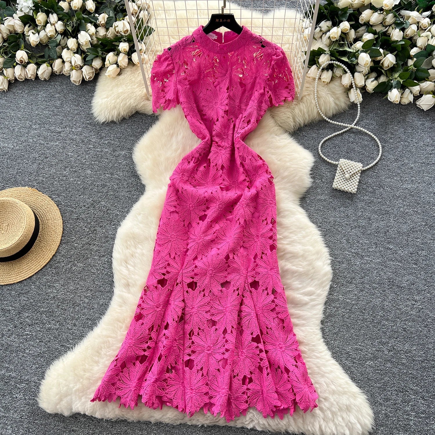 Flower Hollow Lace Dress Female Short Sleeves - American Thistle Flower Hollow Lace Dress Female Short Sleeves