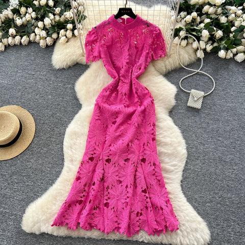 Flower Hollow Lace Dress Female Short Sleeves - American Thistle Flower Hollow Lace Dress Female Short Sleeves