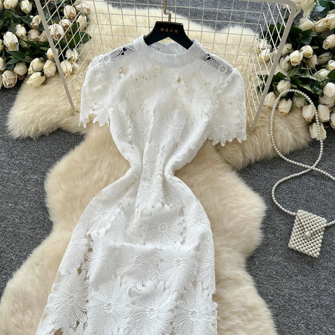 Flower Hollow Lace Dress Female Short Sleeves - American Thistle Flower Hollow Lace Dress Female Short Sleeves