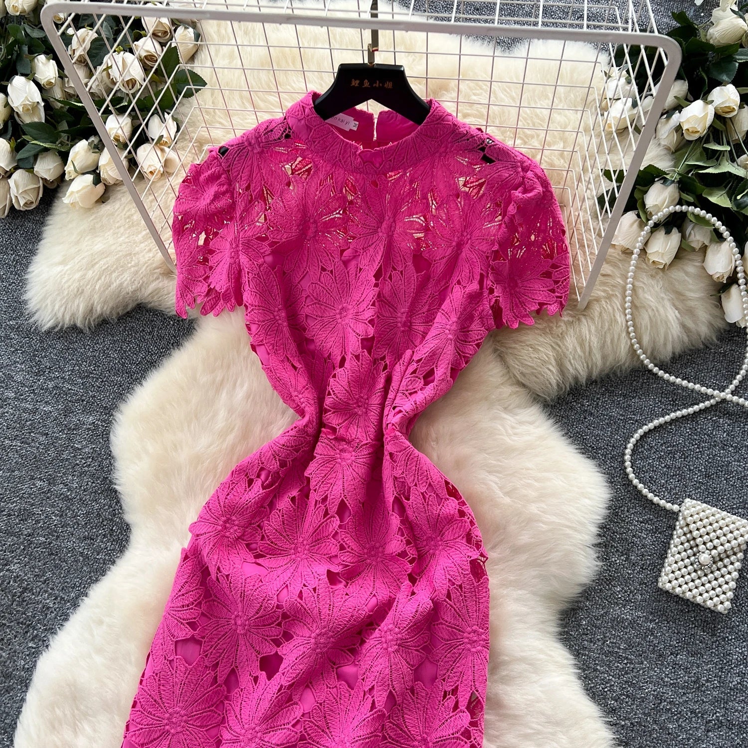 Flower Hollow Lace Dress Female Short Sleeves - American Thistle Flower Hollow Lace Dress Female Short Sleeves