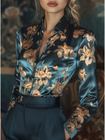 Flower Print Satin Shirt Fashionable Long Sleeve Turn - down Collar Vintage Shirt - American Thistle Flower Print Satin Shirt Fashionable Long Sleeve Turn - down Collar Vintage Shirt