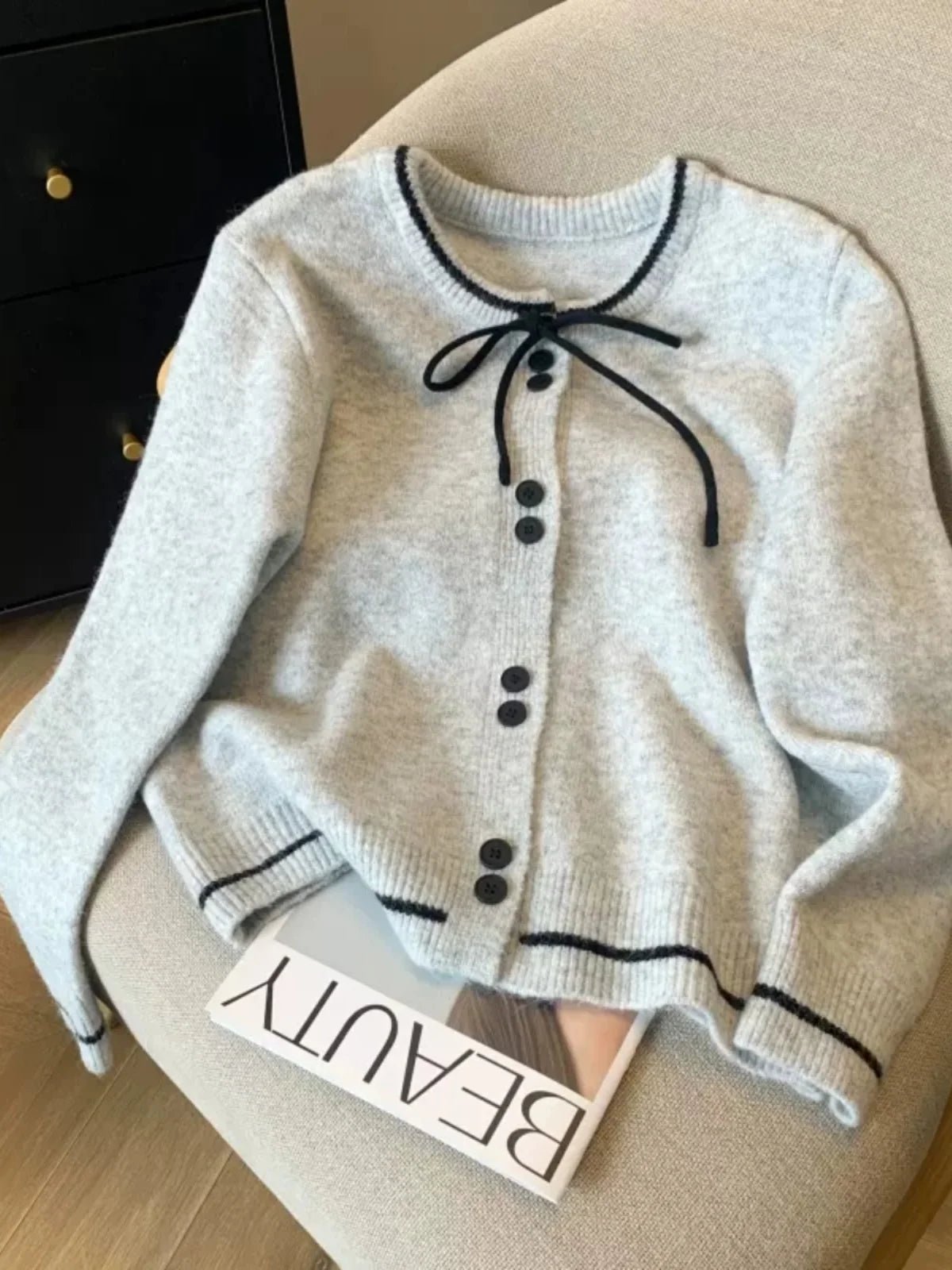 French Lace Up Bow Sweater Elegant Long Sleeved Knitted Cardigan - American Thistle French Lace Up Bow Sweater Elegant Long Sleeved Knitted Cardigan