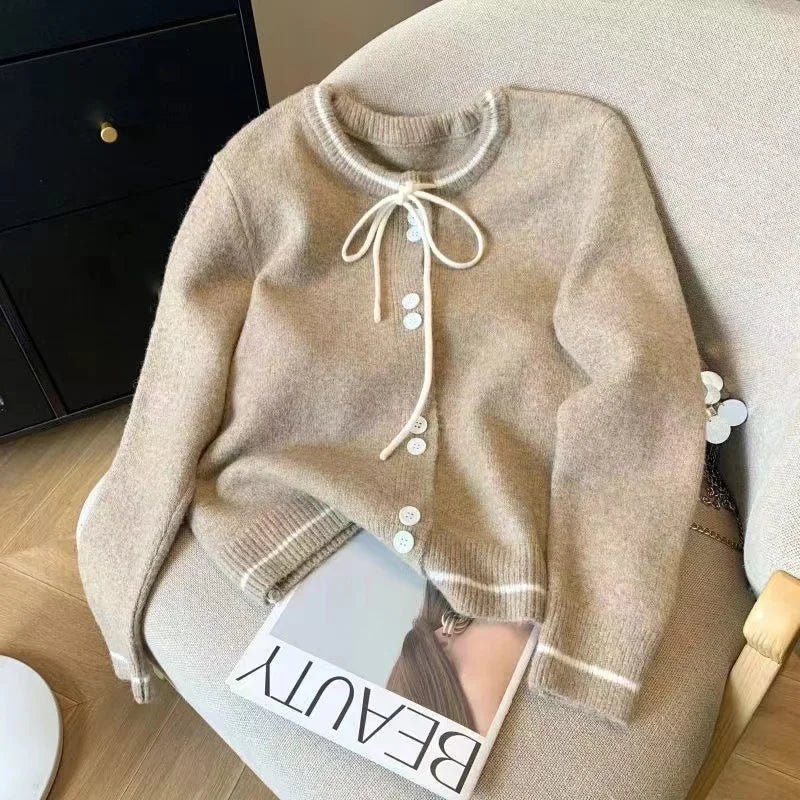 French Lace Up Bow Sweater Elegant Long Sleeved Knitted Cardigan - American Thistle French Lace Up Bow Sweater Elegant Long Sleeved Knitted Cardigan