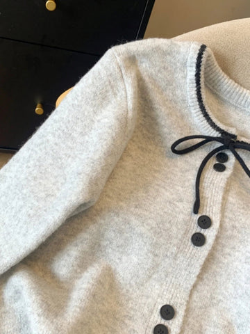 French Lace Up Bow Sweater Elegant Long Sleeved Knitted Cardigan - American Thistle French Lace Up Bow Sweater Elegant Long Sleeved Knitted Cardigan