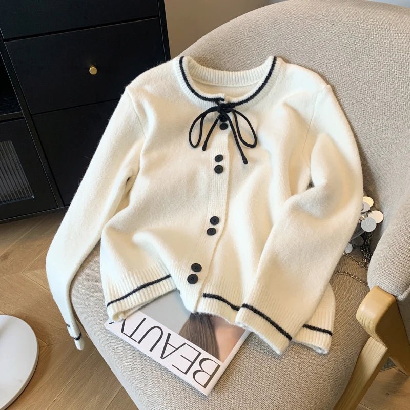 French Lace Up Bow Sweater Elegant Long Sleeved Knitted Cardigan - American Thistle French Lace Up Bow Sweater Elegant Long Sleeved Knitted Cardigan