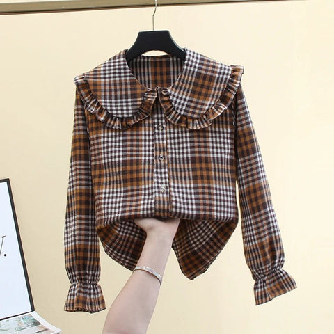 French Style Plaid Shirt Peter Pan Collar Long Sleeved Jacket - American Thistle French Style Plaid Shirt Peter Pan Collar Long Sleeved Jacket