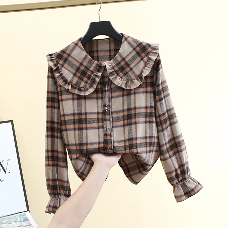 French Style Plaid Shirt Peter Pan Collar Long Sleeved Jacket - American Thistle French Style Plaid Shirt Peter Pan Collar Long Sleeved Jacket