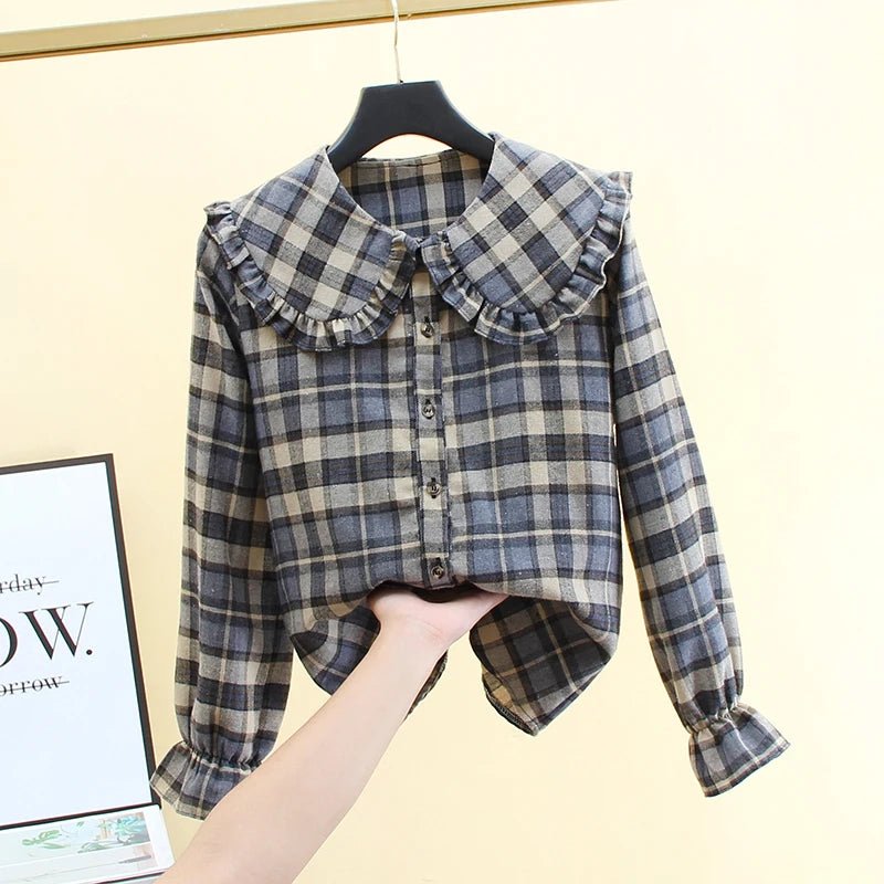 French Style Plaid Shirt Peter Pan Collar Long Sleeved Jacket - American Thistle French Style Plaid Shirt Peter Pan Collar Long Sleeved Jacket