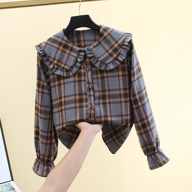 French Style Plaid Shirt Peter Pan Collar Long Sleeved Jacket - American Thistle French Style Plaid Shirt Peter Pan Collar Long Sleeved Jacket