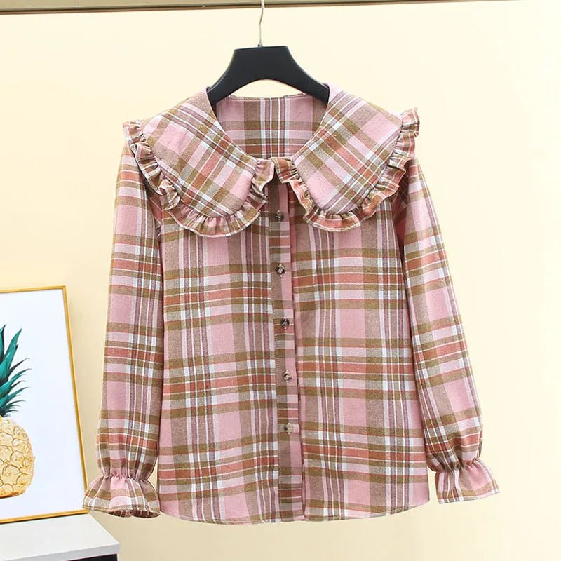 French Style Plaid Shirt Peter Pan Collar Long Sleeved Jacket - American Thistle French Style Plaid Shirt Peter Pan Collar Long Sleeved Jacket