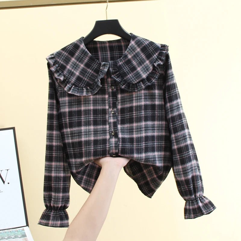 French Style Plaid Shirt Peter Pan Collar Long Sleeved Jacket - American Thistle French Style Plaid Shirt Peter Pan Collar Long Sleeved Jacket