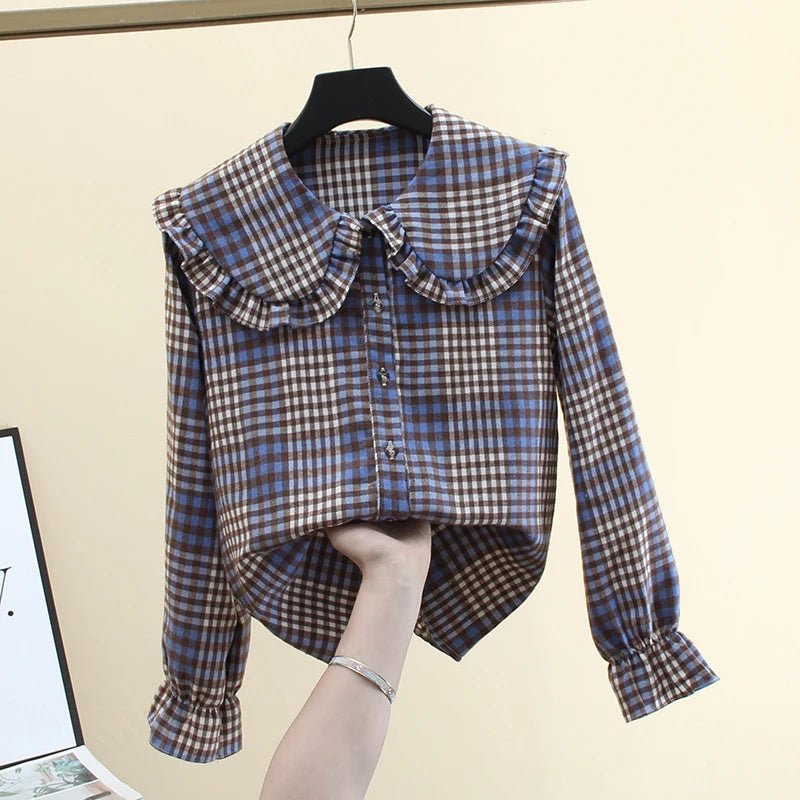 French Style Plaid Shirt Peter Pan Collar Long Sleeved Jacket - American Thistle French Style Plaid Shirt Peter Pan Collar Long Sleeved Jacket